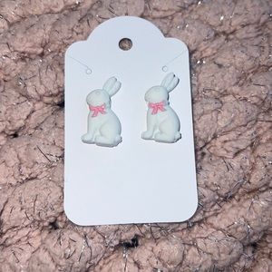 Easter Bunny earrings, handmade white rabbit earrings with pink bow nickel free